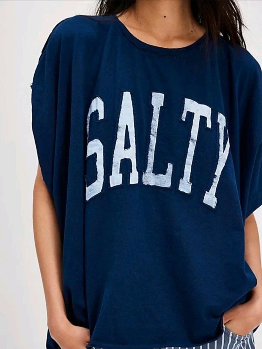 Free People x Ragabond SALTY Shasta Tee Navy Blue Organic Cotton XL EUC